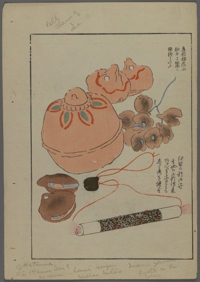 Japanische Spielzeuge, aus Unai no tomo (Ein Kinderfreund) von Shimizu Seifu, 1891-1923. Glocken, Rasseln. von Shimizu Seifu